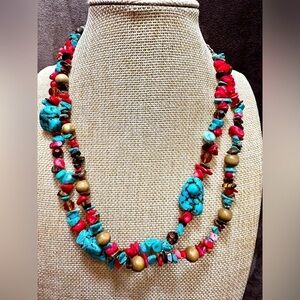 NECKLACE Multi Gemstone Howlite, Tigers Eye, Red Coral, Double Strand 9’ 4106!W